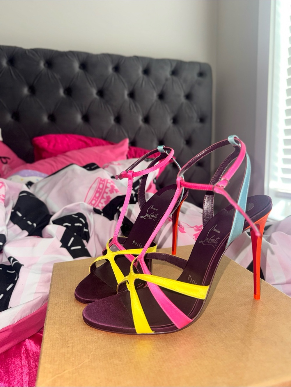 Christian Louboutin Neon Pink, Yellow & Blue Strappy Stiletto Sandals